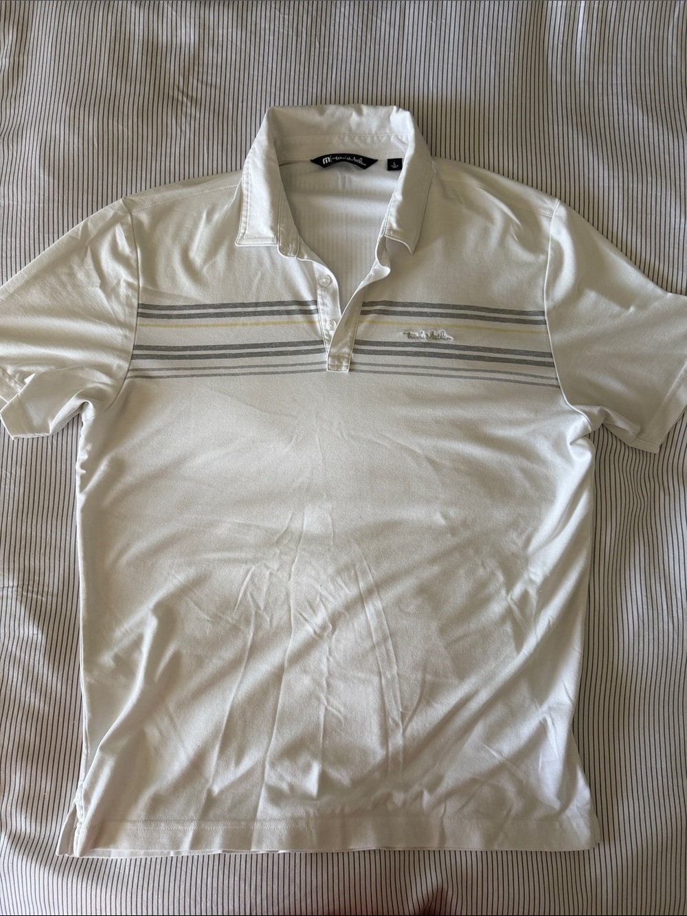 TravisMathew White Polo with Gray and Yellow Stripes